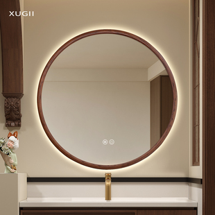 中古风实木镜子卫生间圆形智能防雾浴室镜壁挂墙洗手台化妆镜带灯