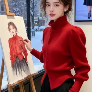 韩系超好看高领红色针织衫上衣女冬季小个子气质收腰显瘦毛衣外穿