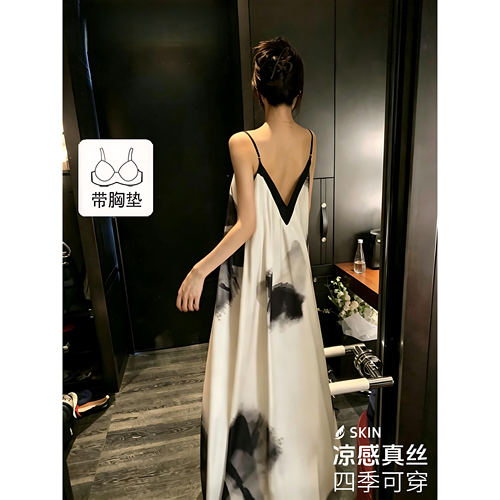 夏季真丝水墨吊带美背睡裙可外穿