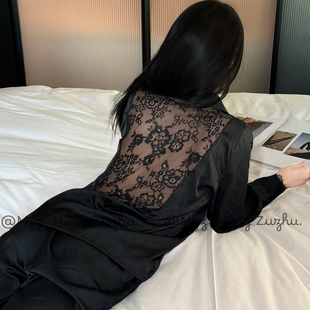 法式性感真丝睡衣女款蕾丝漏背缎面春秋季轻奢高级感家居服礼盒装