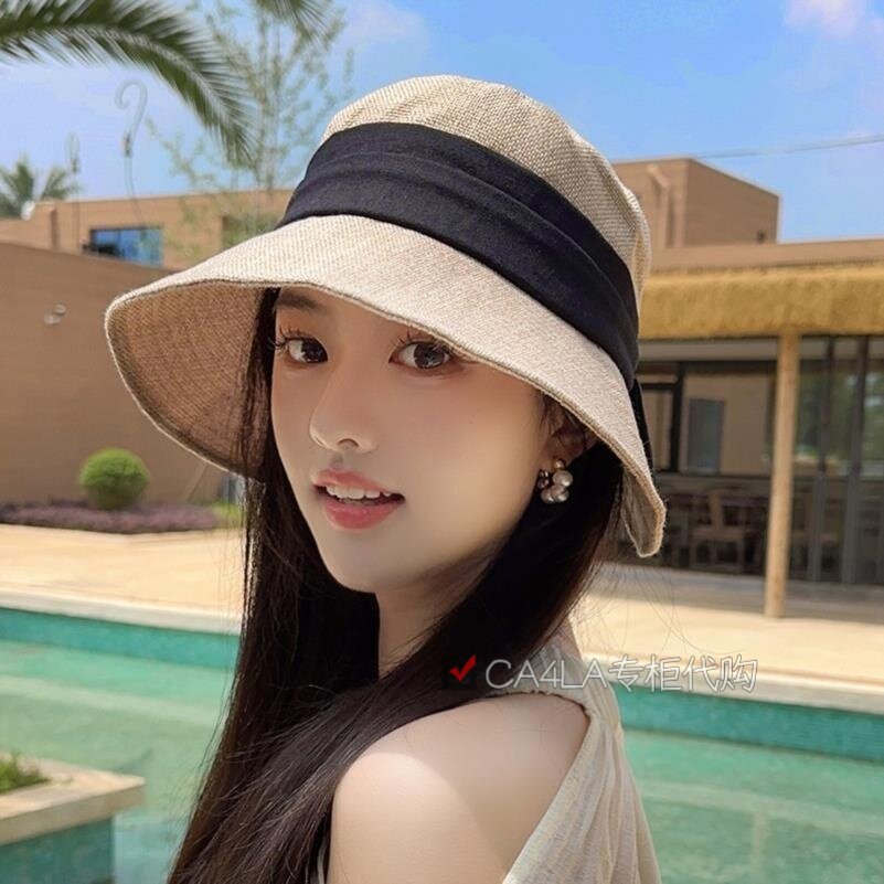日本CA4LA亚麻蝴蝶结渔夫帽大檐防晒盆帽可折叠后开叉遮阳帽子夏
