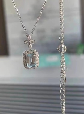 海蓝宝托帕石吊坠项链女锁骨链s925银镀PT950 铂金女轻奢小众设计