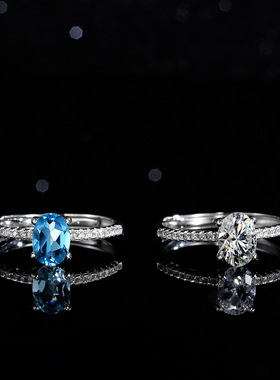 蓝托帕石莫桑石戒指女925纯银镀PT950 铂金1克拉水滴梨形圆包异形