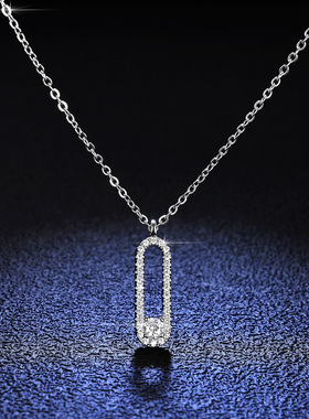 s925纯银吊坠莫桑石ins项链女款别针项链镀PT950 铂金吊坠锁骨链