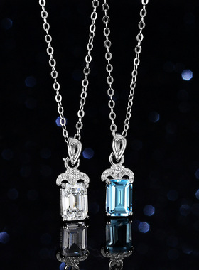 蓝托帕石莫桑石项链吊坠925纯银镀PT950 铂金1克拉几何祖玛绿切工