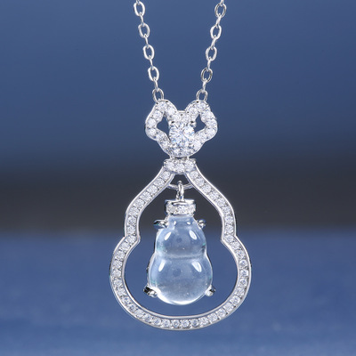 新中式S925纯银镀18K金镶嵌天然水沫玉项链玻璃冰种葫芦女款吊坠