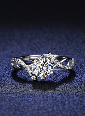 925纯银镀PT950 铂金莫桑石戒指小众个性爱交织ins钻戒尾戒子礼物