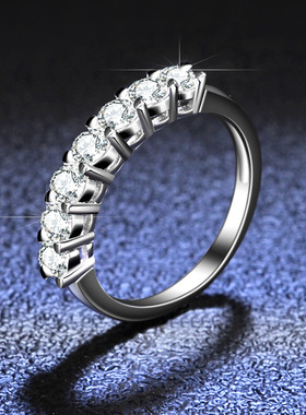 s925纯银莫桑石镀PT950 铂金戒指高端七星排戒子镂空四爪皇冠求婚