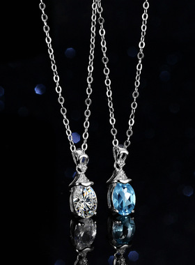 天然蓝托帕石莫桑石项链吊坠925纯银镀PT950 铂金1克拉水滴锁骨链