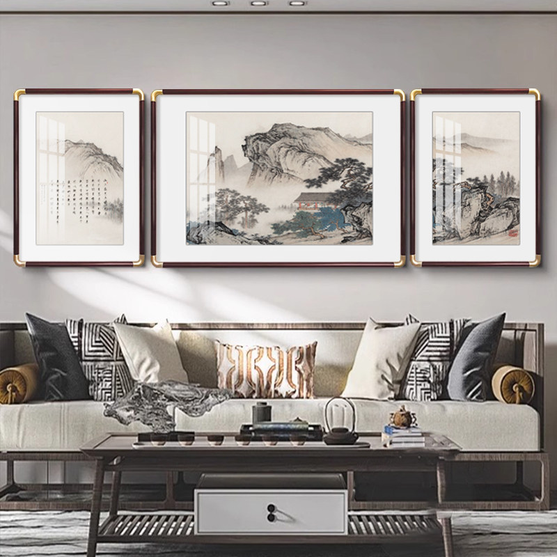 新中式客厅装饰画山水风景画沙发背景墙挂画三联国画高端大气壁画