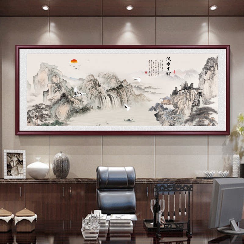 客厅新中式纯手工绫布流水生财画