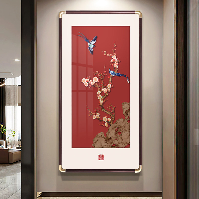 喜气盈门玄关装饰画新中式竖版寓意好花鸟挂画走廊过道高级感壁画