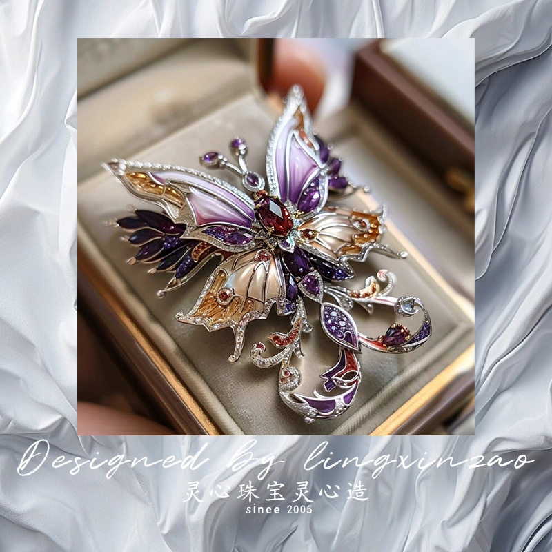 灵心珠宝 原创设计精灵蝴蝶胸针 奢华个性高档昆虫胸花别针