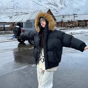 座山雕毛领pu皮派克棉服男女冬季短款质感连帽加厚外套美式面包服