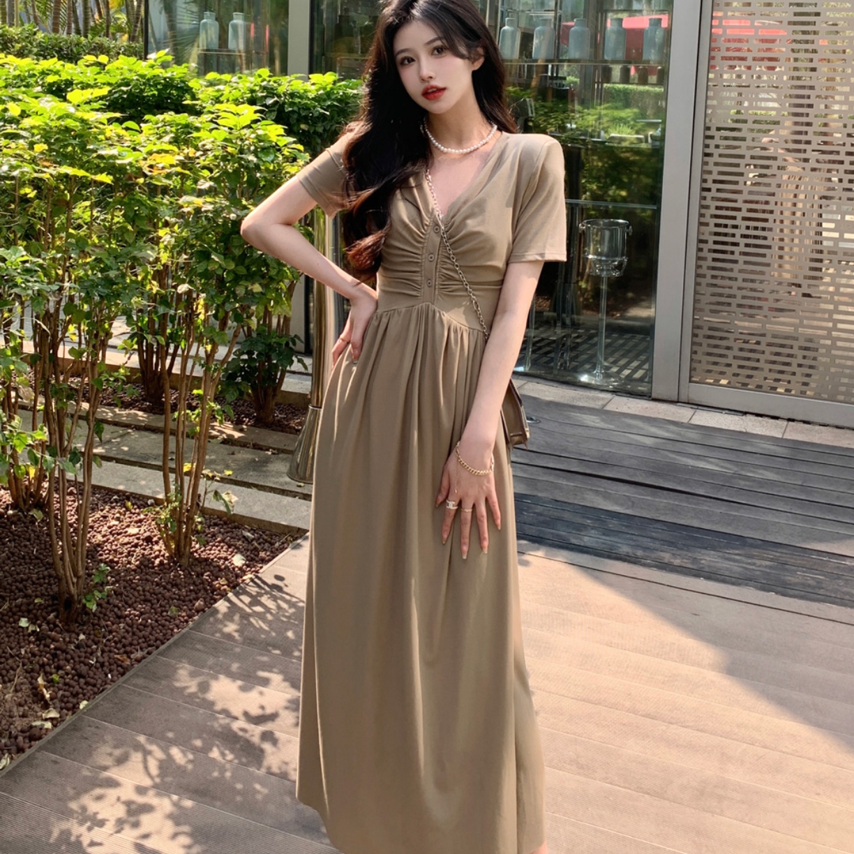 实拍大码女装时尚设计款V领褶皱下摆左开叉短袖连衣裙女胖MM