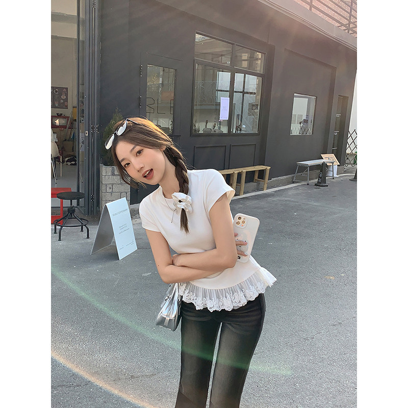 实拍实价纯欲蕾丝花边芭蕾风短袖t恤女赵春夏高级感内搭打底上衣