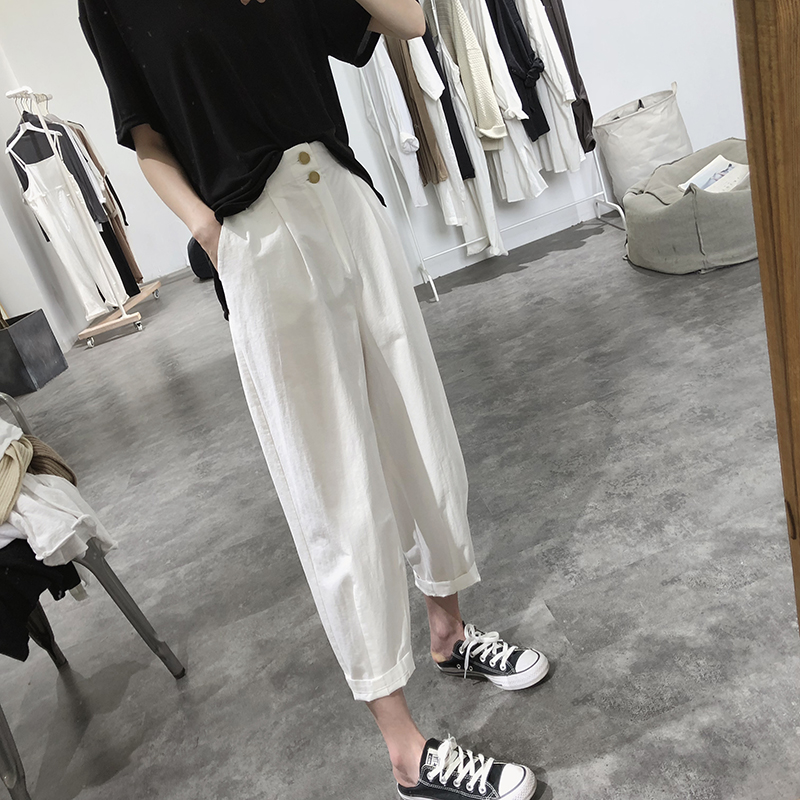 白色休闲裤女2021夏季新款高腰宽松显瘦薄款萝卜哈伦裤九分裤子潮