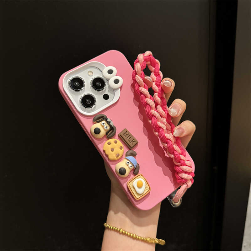 卡通玫红掌门狗狗挂绳适用iPhone16promax手机壳苹果14pro新款11小众14女13pro硅胶12防摔立体带手绳大孔软套