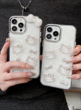 白色镂空适用苹果16ProMax手机壳iPhone15韩系闪钻蝴蝶结kt猫14小众创意12电镀镜框13硅胶女款保护套大孔软11