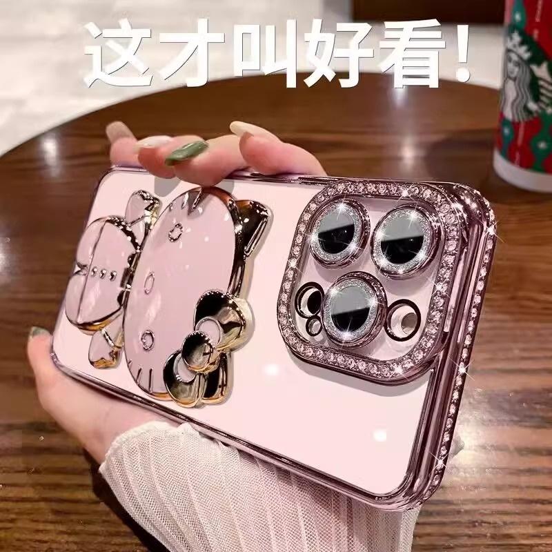 适用苹果16手机壳新款iphone15Promax透明全包镜头防摔14pro高级感水钻11高档女款12潮镜子硅胶带支架套网红
