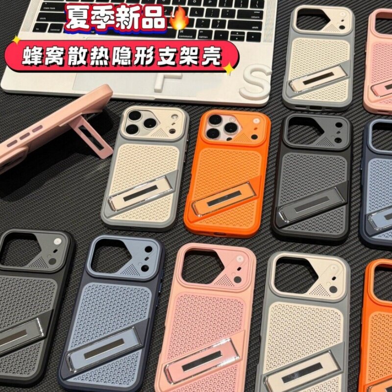 机甲镜框一字斜翻金属支架适用苹果17promax手机壳iPhone16pro大孔15蜂窝14散热冰峰壳13男女通用大孔肤感硬