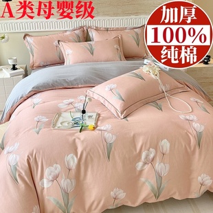 床上用品三 100%纯棉全棉四件套加厚磨毛被套被罩床单床笠春秋冬季