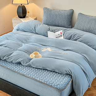 A类夹棉牛奶绒四件套冬季珊瑚绒加绒毛绒床笠款床套床上双面绒蓝