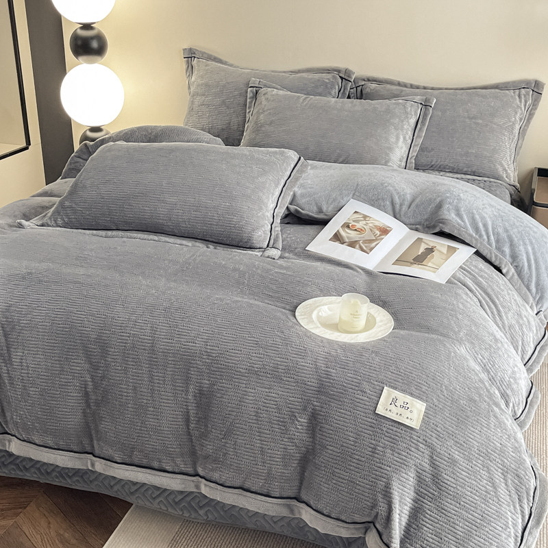 冬季加厚针织绒牛奶绒被套床盖四件套加绒夹棉床单简约双面绒床品