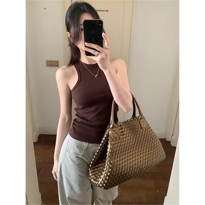 咖色挂脖吊带背心女夏季薄