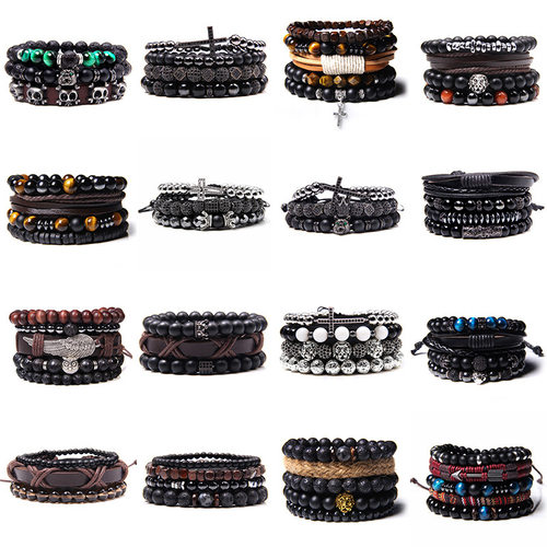 Handmade Bracelets Set Men Black Onyx Stone Beads Bracelet