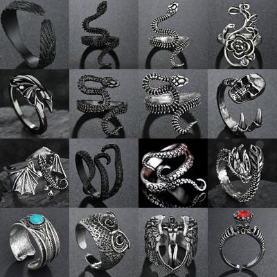 Rings for Men Women Punk Goth Snake Dragon Silver Plated