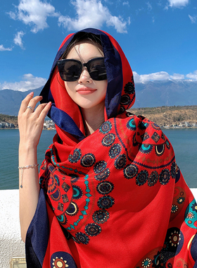 红色腰果旅游防晒丝巾女春夏季民族风围巾披肩外搭长款纱巾百搭