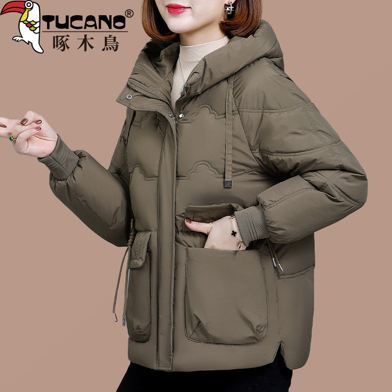 啄木鸟羽绒棉服女冬季新款2026连帽洋气棉衣中年妈妈大码棉袄外套