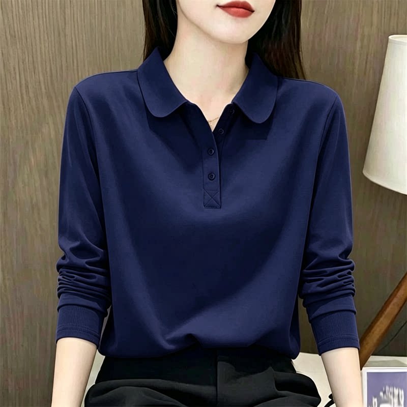 时尚纯棉翻领长袖女春秋季2026新款中年妈妈款减龄休闲百搭打底衫