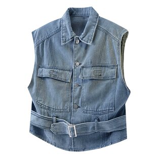 工装牛仔马甲男女生夏季潮牌无袖坎肩背心潮流方领潮流夹克外套