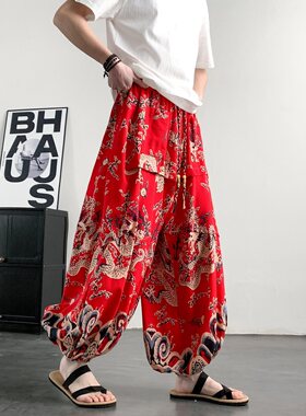 8XL超大码中国风龙纹沙滩裤男阔腿裤折褶九分裤长裤-P68控88