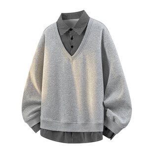 格子假两 假两件卫衣高街2603 2026年春季 港风潮男卫衣格子衬衫