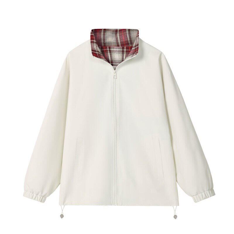 白色立领夹克外套女春秋宽松韩版格纹内衬拉链抽绳工装上衣