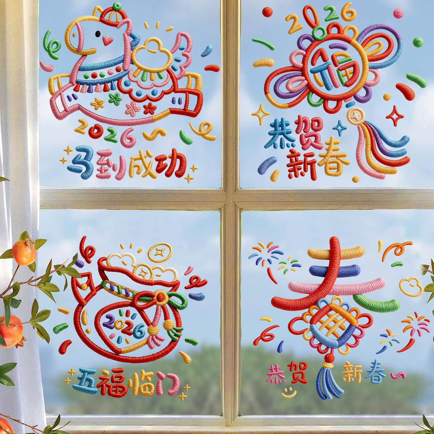 新年装饰窗花彩色马年静电贴画春节过年窗户布置客厅玻璃贴门贴纸,家居饰品,软装墙贴,淘宝优惠券,粉丝福利购,淘宝优惠卷