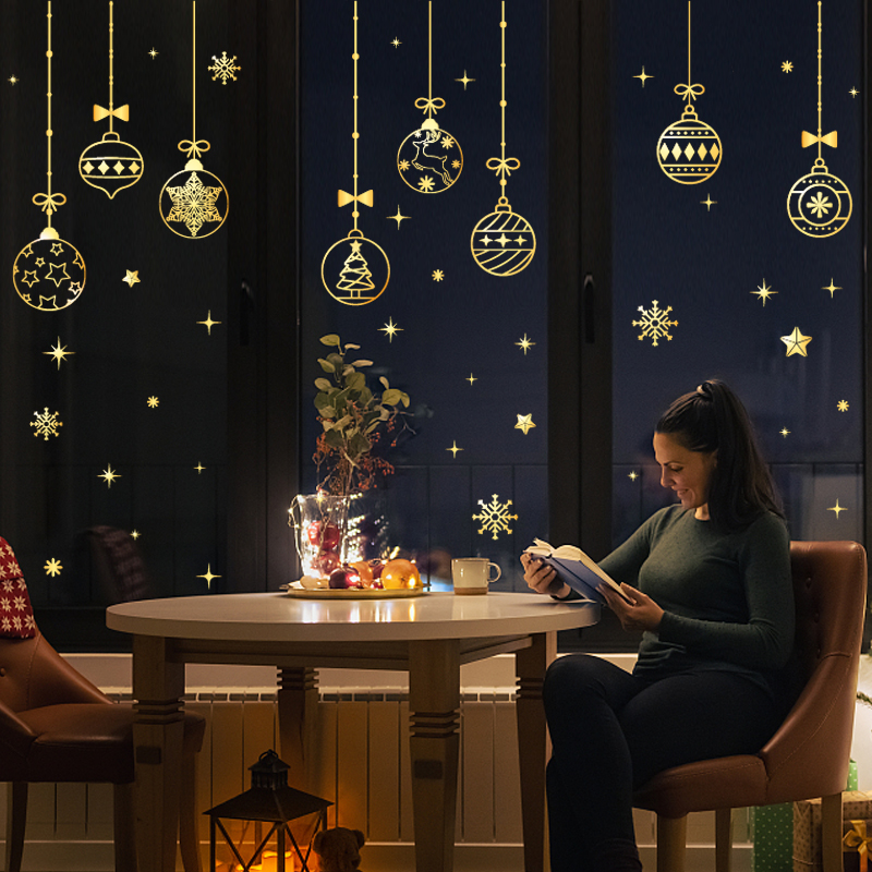 静电窗贴圣诞节金色雪花圣诞球