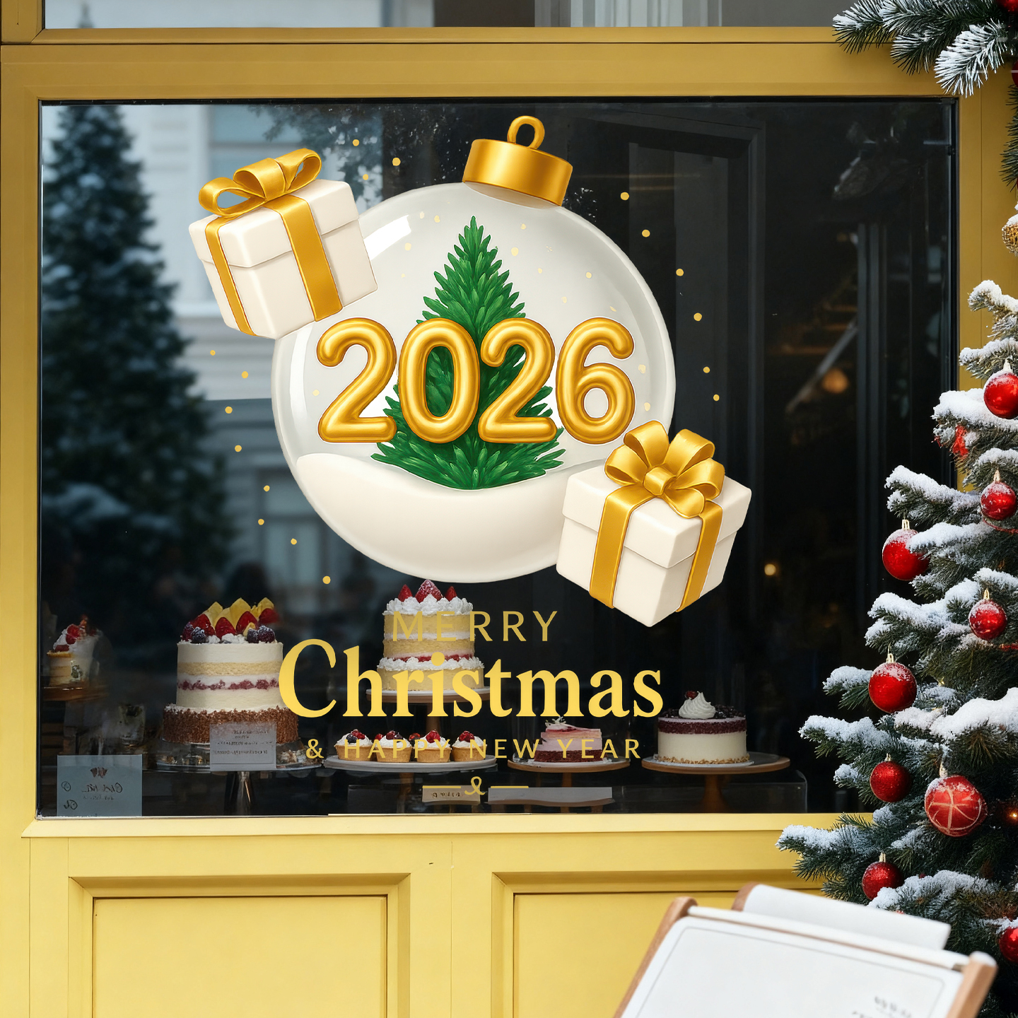 2026圣诞装饰品橱窗玻璃贴纸金色圣诞树吊球礼物店铺布置静电贴纸