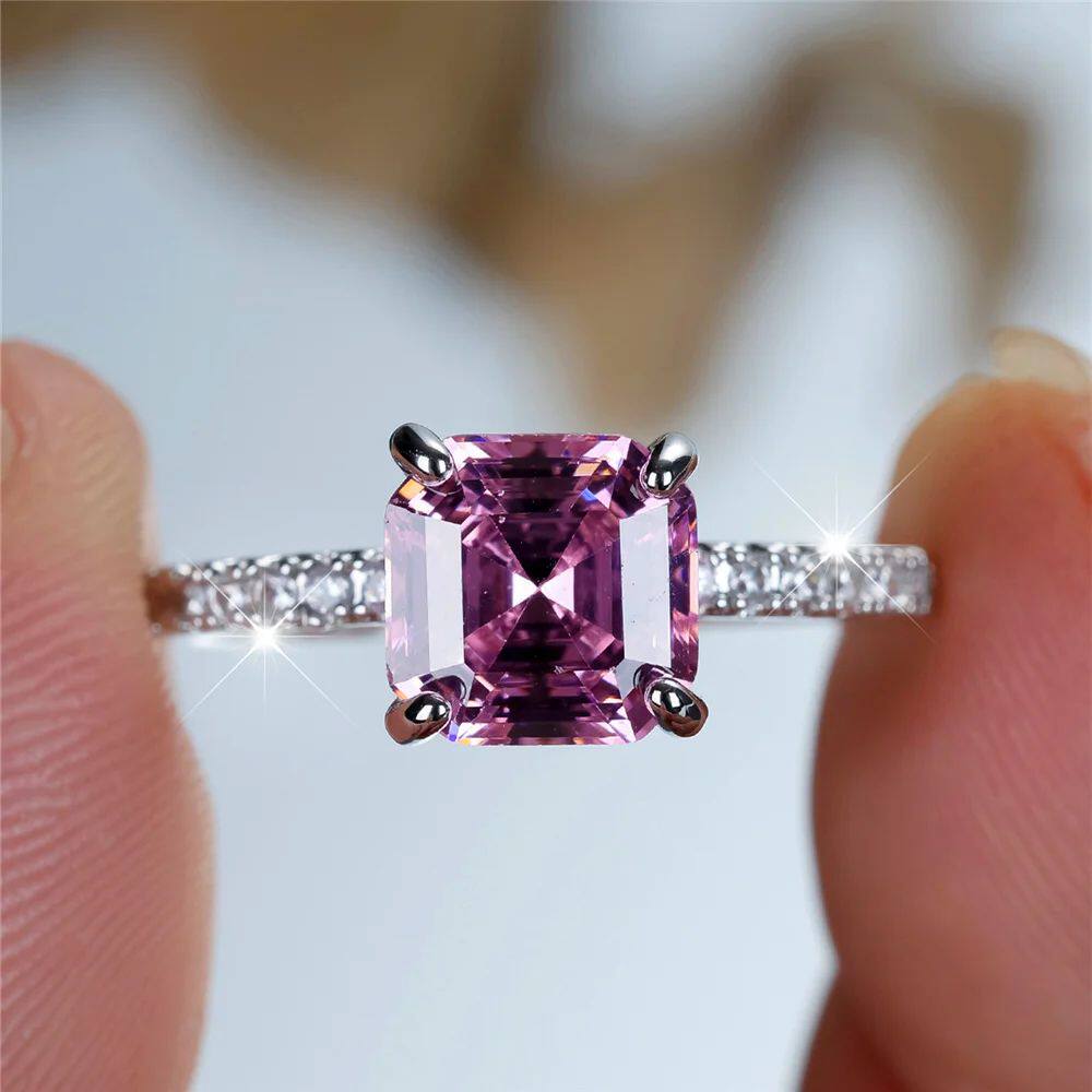 Charm Female Pink Yellow Stone Square Ring Silver Color