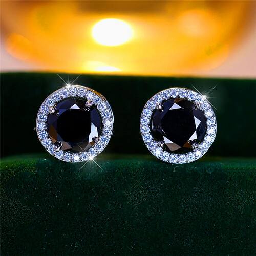 Female Crystal Purple Black Round Stud Earrings Silver