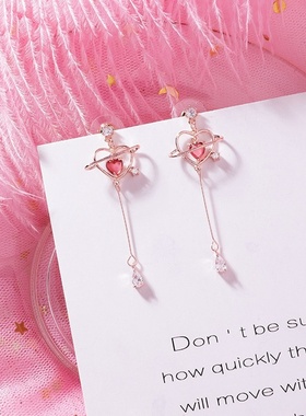 Korean Fashion Heart Zircon Crystal Long Drop Earrings for