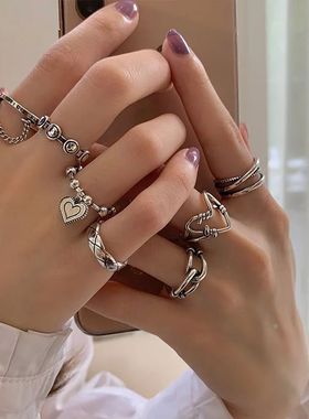 VAGZEB Fashion Hollow Heart Ring Set 7PCS Elegant Vintage