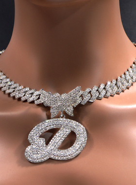 Men Women 14MM Cuban Chain Crystal Butterfly Initials Name