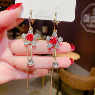 Fashion Red Purple Rose Earrings for Women Shiny Rhinestone