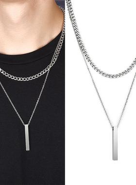 3D Vertical Bar Necklaces for Men Two Layer Stainless Steel