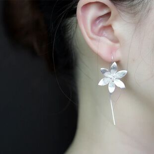 Sterling Silver Long Lotus Flower Drop Earrings for Women