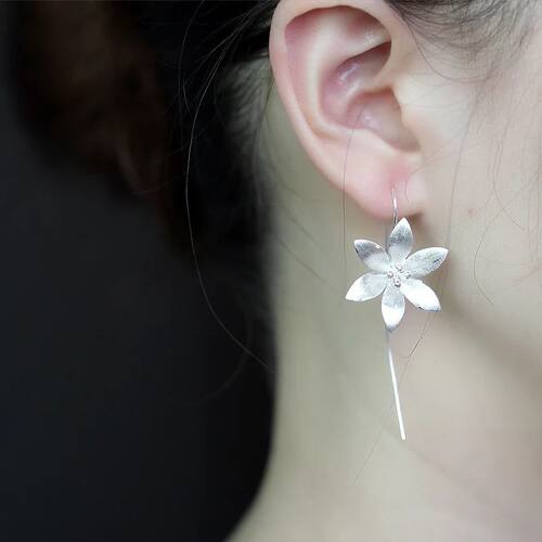 Sterling Silver Long Lotus Flower Drop Earrings for Women